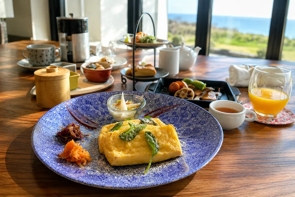One Suite THE GRANDの海を望むレストランで提供される卵料理の朝食