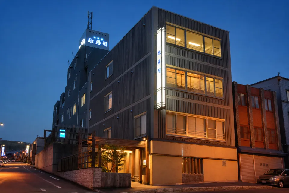 おたる政寿司 本店の夕暮れの外観