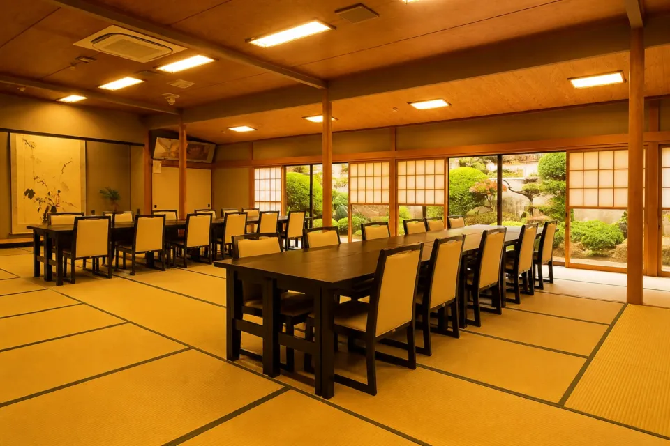 料亭 能登新の椅子席が並ぶ料亭 能登新の大広間