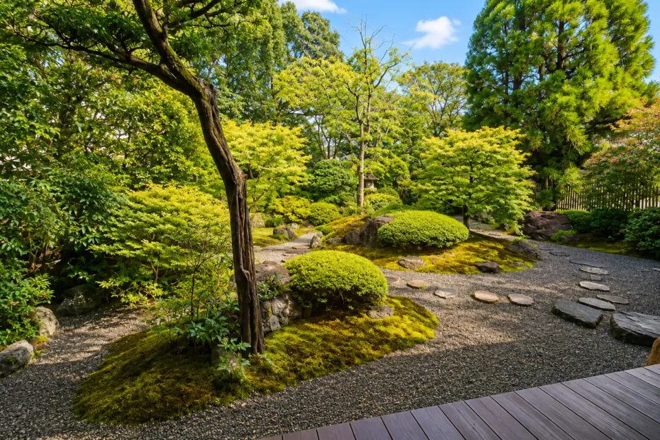 旅亭嵐月の苔と木々に囲まれた日本庭園