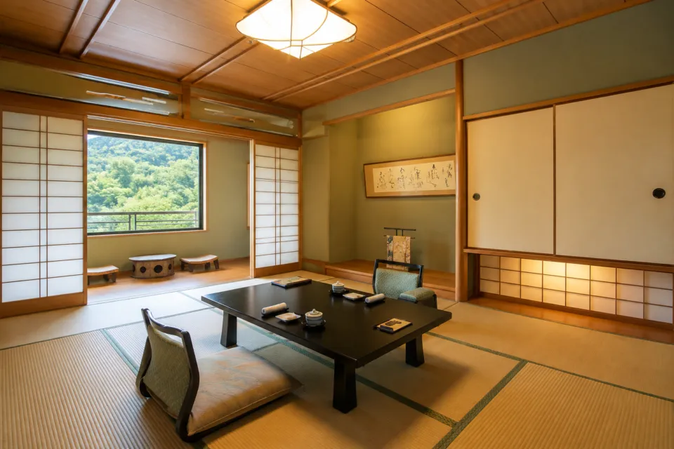 旅亭嵐月の山の緑を望む和室
