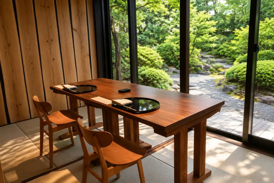 旅亭嵐月の庭園を望む個室の食事処