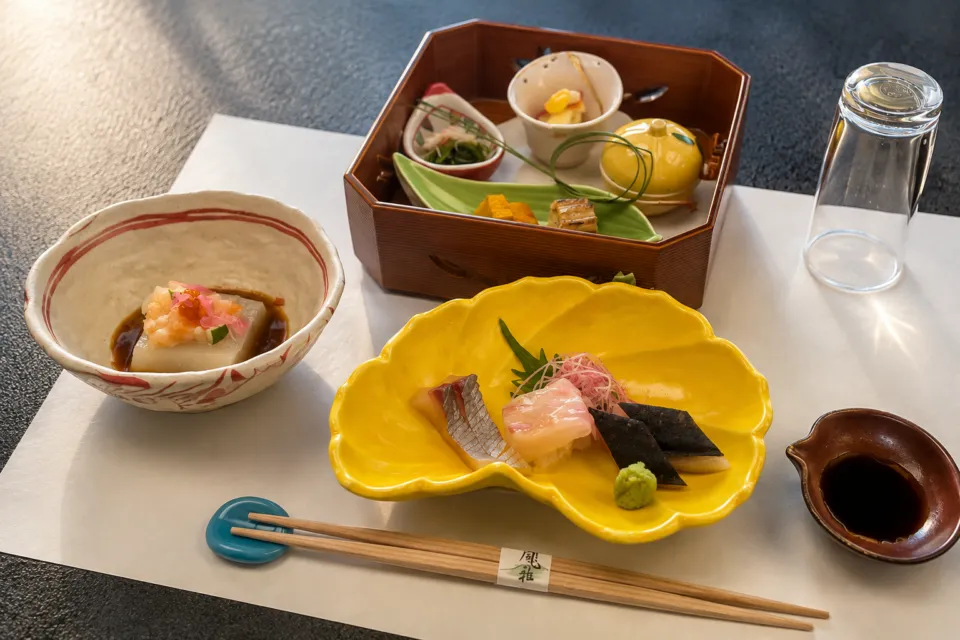 山荘 風の杜の刺身と前菜を盛り付けた会席料理