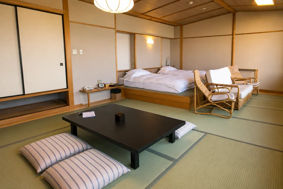 山荘 風の杜の畳とツインベッドを備えた和洋室