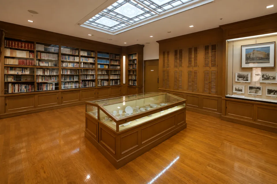 札幌グランドホテルの書籍と展示ケースのある館内空間
