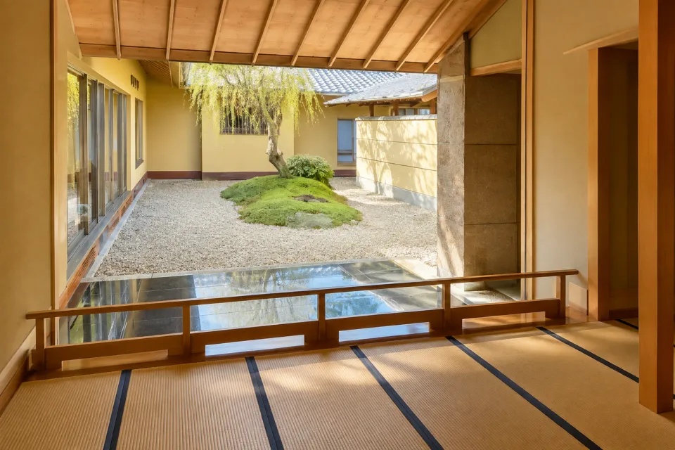 茶寮宗園の中庭を望む館内