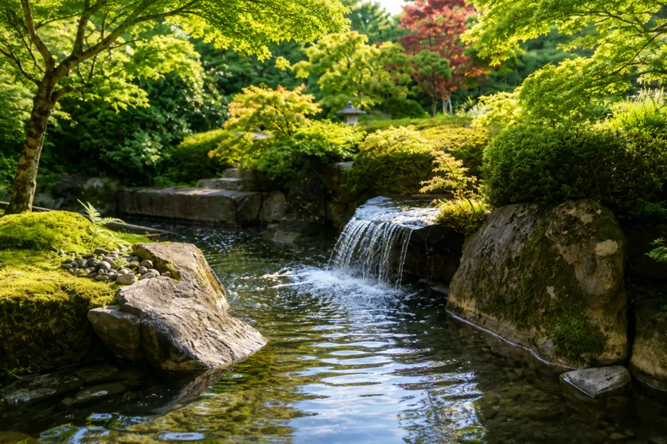 茶寮宗園の庭園の滝と池
