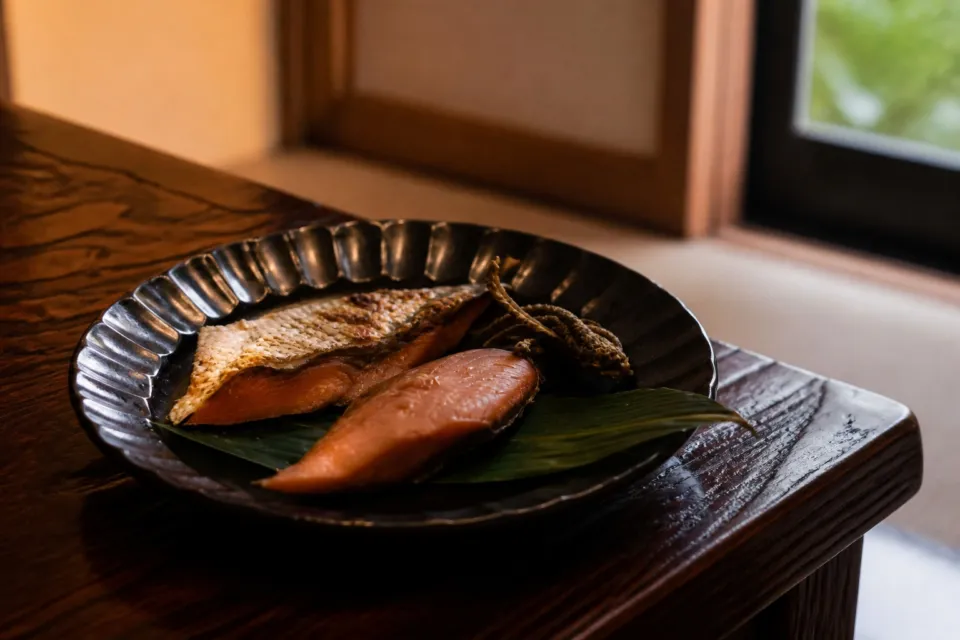 千年鮭きっかわ 井筒屋の鮭の切り身と皮の料理
