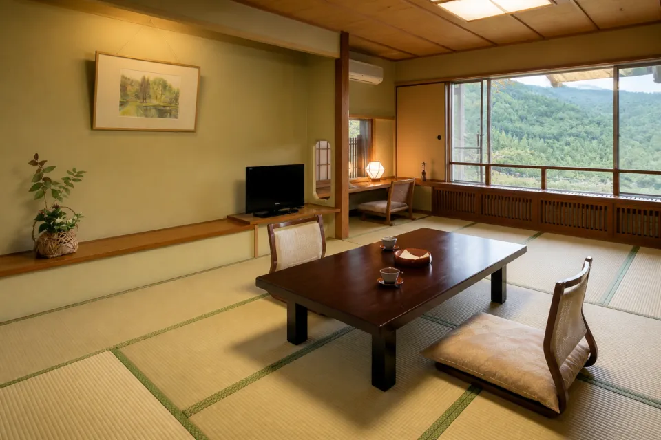 四万たむらの山並みを望む和室