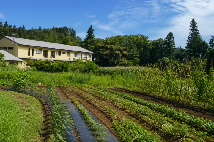 奥州平泉温泉 そば庵 しづか亭の自家菜園越しに見る外観