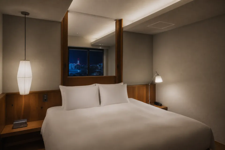Southwest Grand Hotelの夜景を望むキングベッド客室