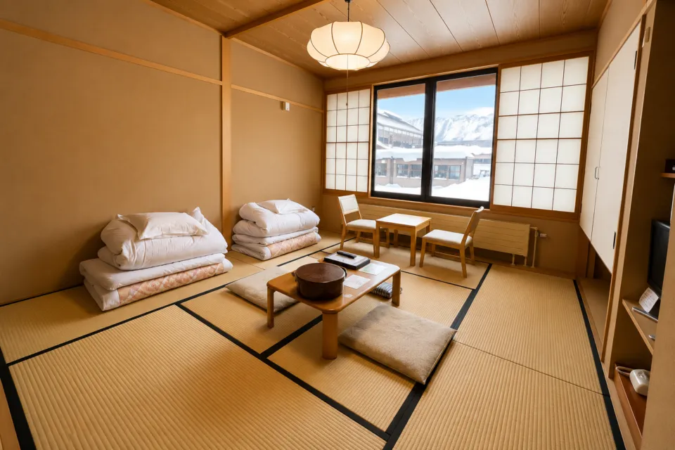 酸ヶ湯温泉旅館の雪景色を望む和室