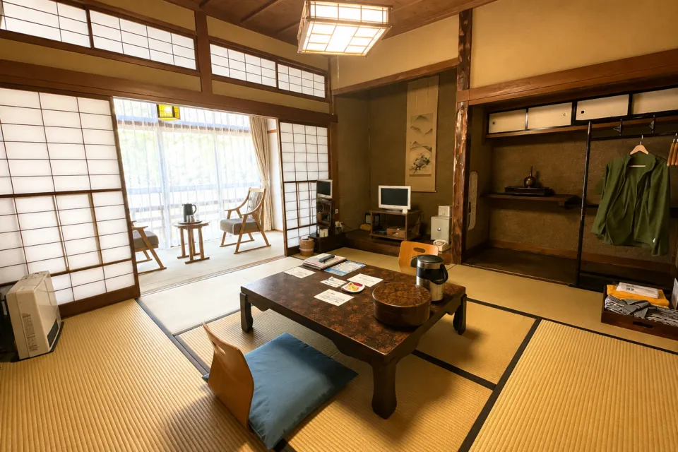 酸ヶ湯温泉旅館の縁側がある和室