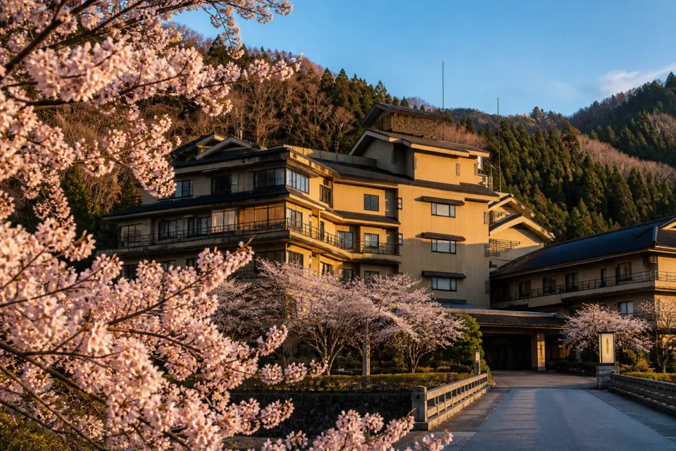 たちばなやの桜越しに望む建物外観