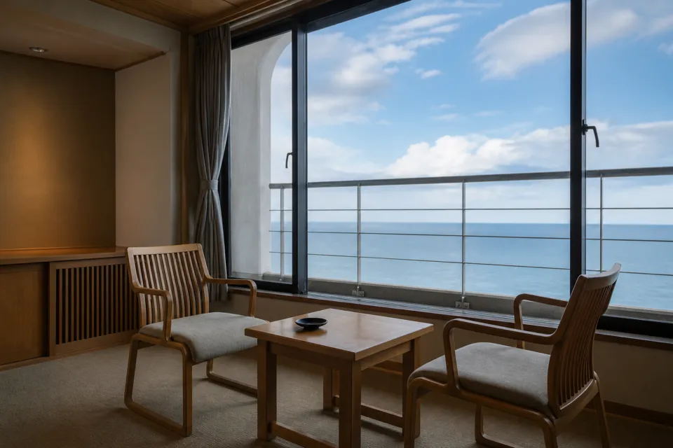 大観荘せなみの湯のはま風館和室から望む日本海