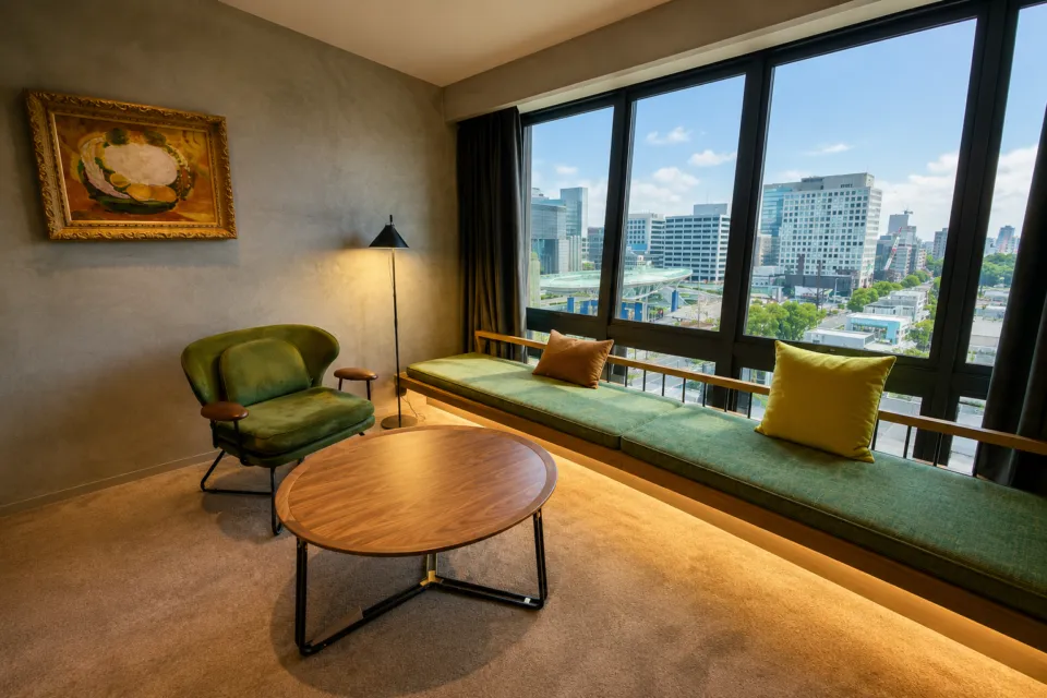 THE TOWER HOTEL NAGOYAの窓辺のソファとチェアを備えた客室
