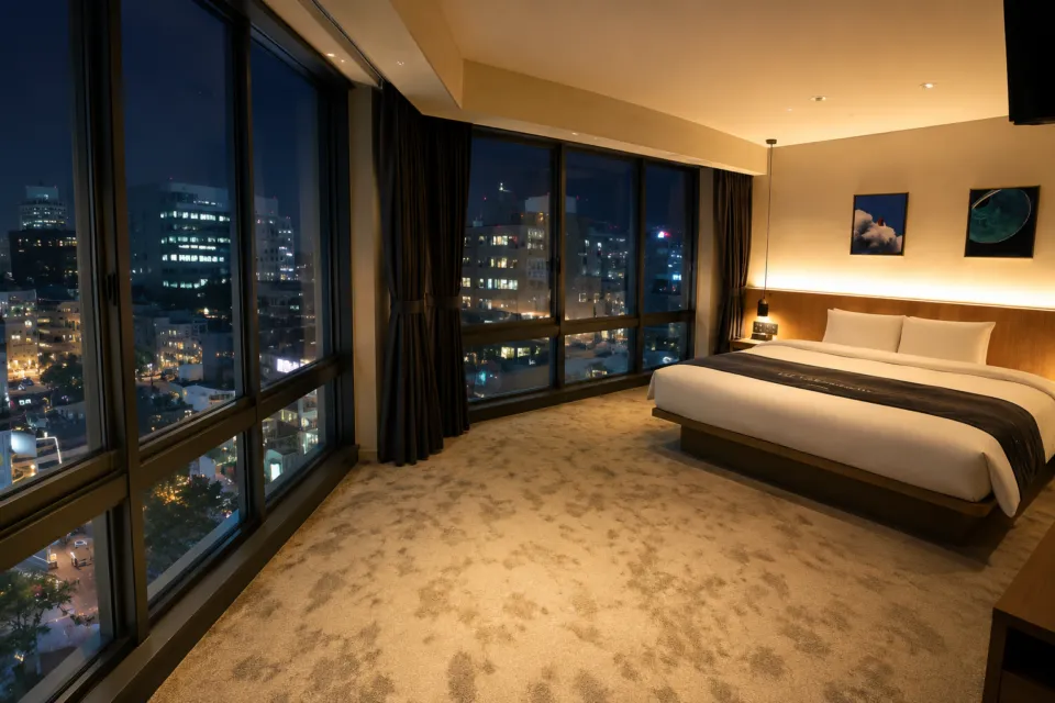 THE TOWER HOTEL NAGOYAの夜景を望むダブルベッドの客室