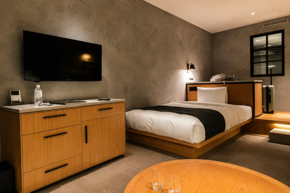 THE TOWER HOTEL NAGOYAの木製家具を備えたベッドルーム