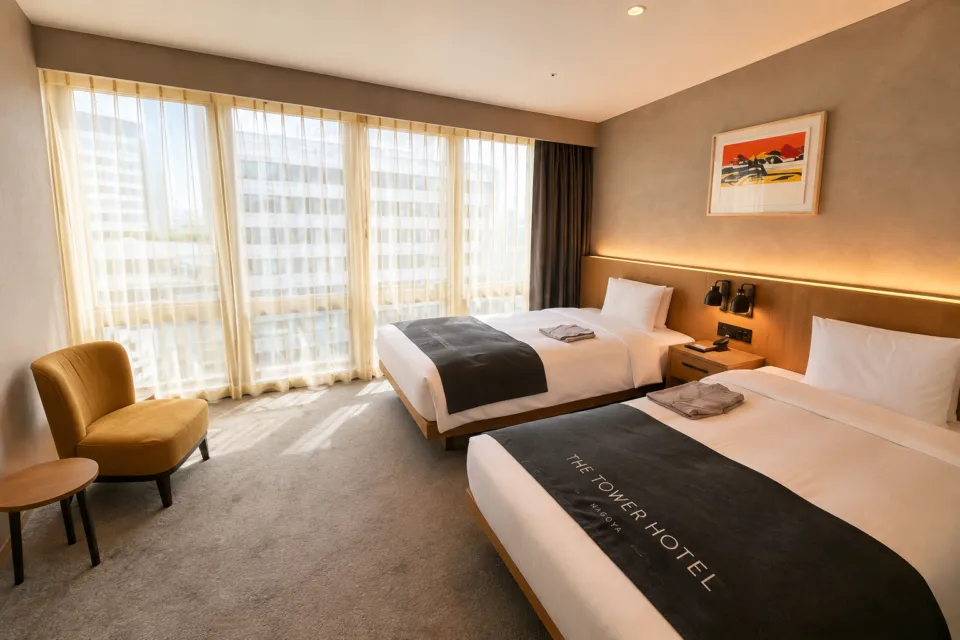 THE TOWER HOTEL NAGOYAの大きな窓のあるツインベッドの客室