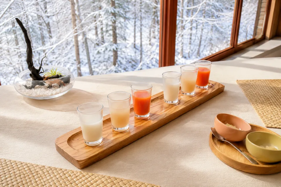 扉温泉 明神館の雪景色を望む食卓のドリンク