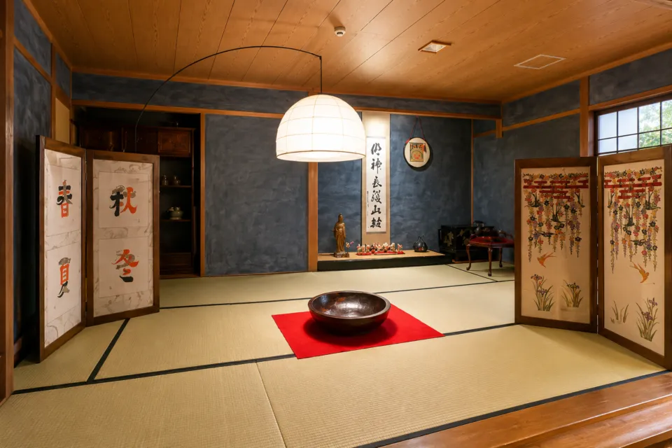 扉温泉 明神館の屏風と調度品を配した畳の間