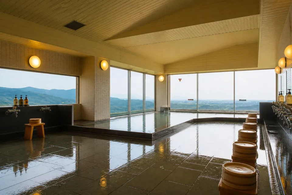 筑波山ホテル青木屋の山並みを望む大浴場