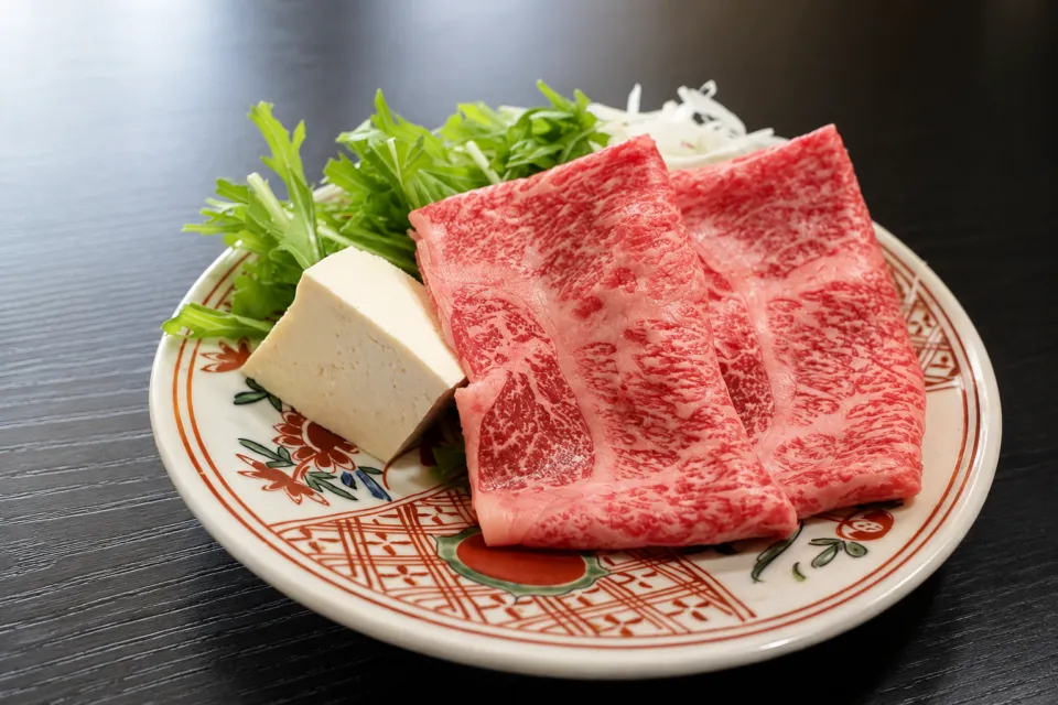 門前宿 和空 法隆寺の霜降り肉と豆腐と野菜の盛り合わせ