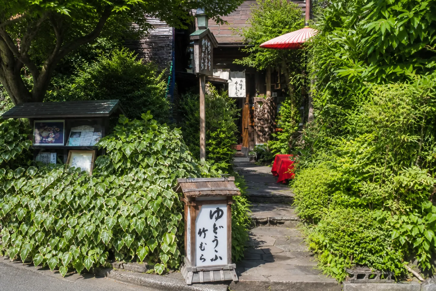 湯どうふ 竹むらの緑に囲まれた外観