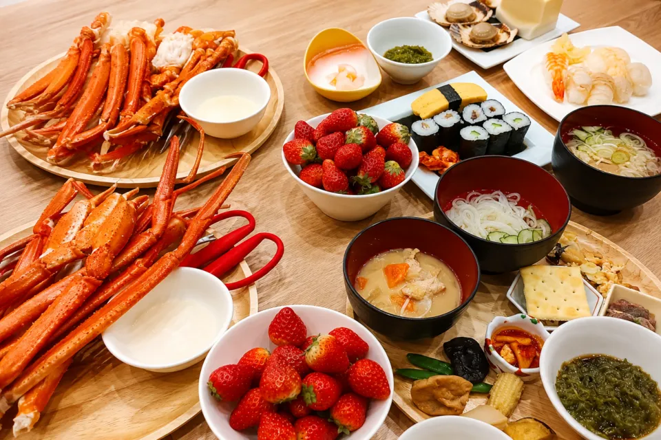 湯の杜 ホテル志戸平のカニと寿司のビュッフェ料理