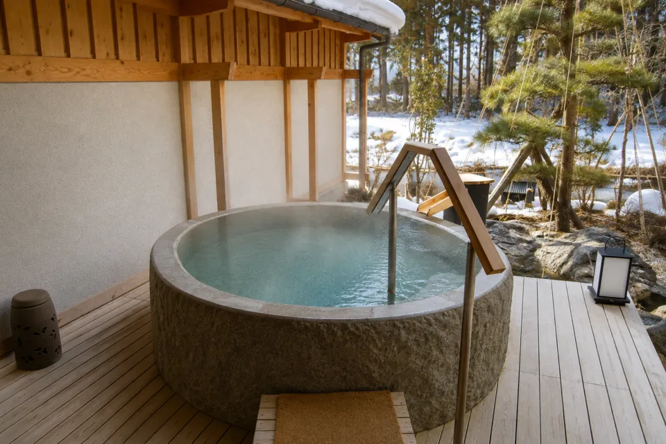 游泉志だての雪景色を望む石造り露天風呂