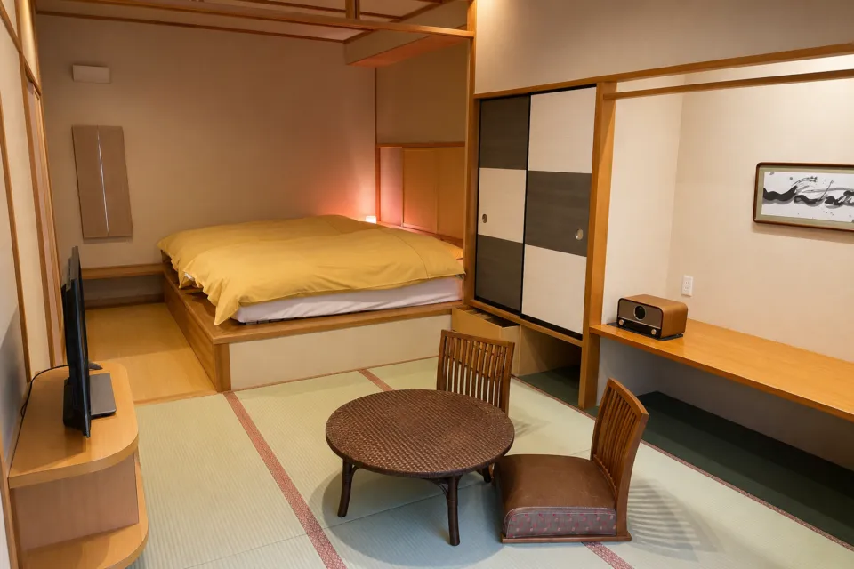 游泉志だてのベッドを備えた和モダン客室