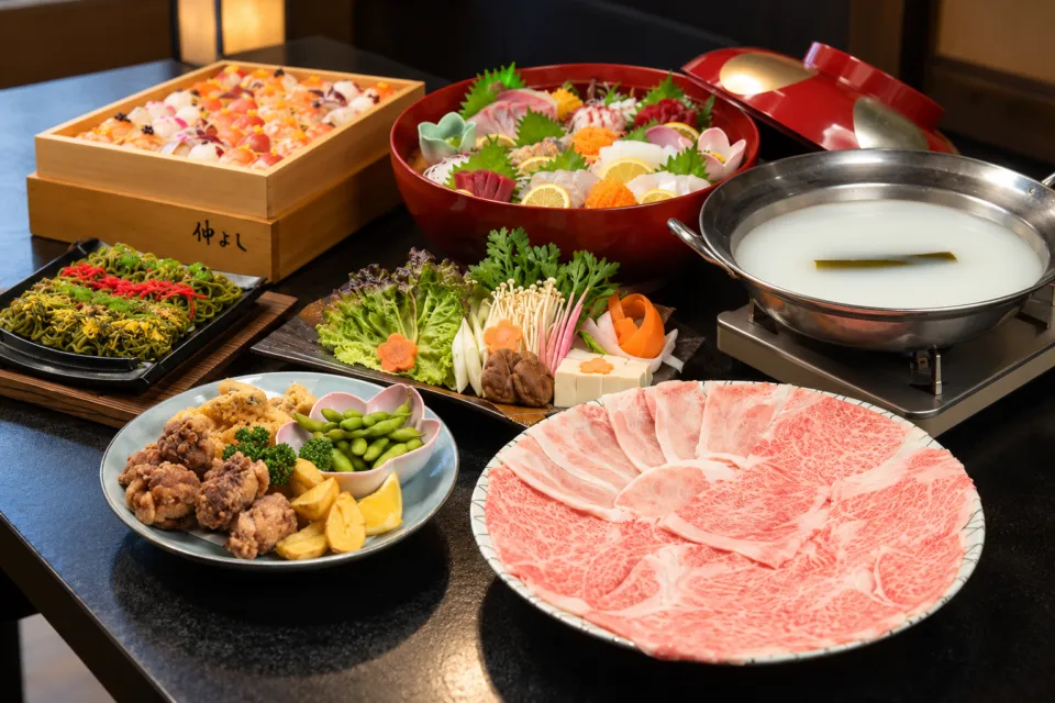 味処 仲よしの刺身や鍋料理を並べた宴会コース