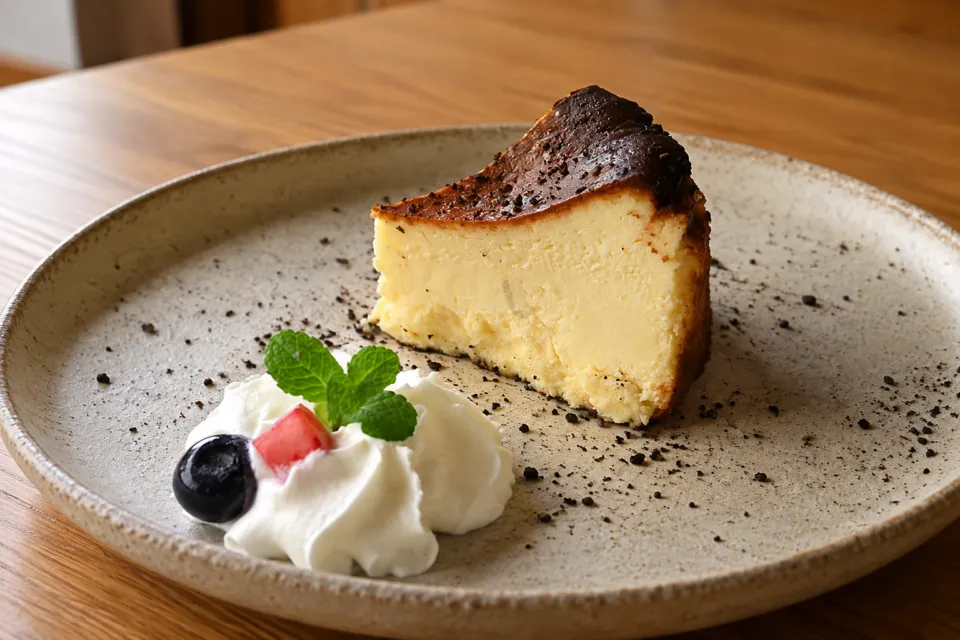 アキウ舎のクリームと果物を添えたバスクチーズケーキ