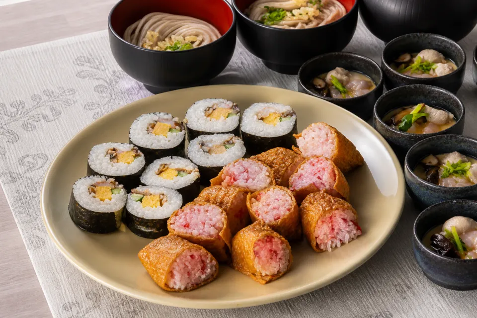 AOMORI BOLD KITCHENの巻き寿司やいなり寿司、そば、小鉢が並ぶ和食ビュッフェ