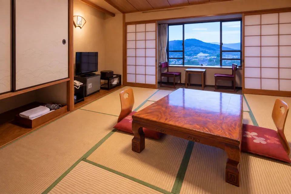 阿蘇ホテル一番館・二番館の座卓と広縁を備える二番館の和室