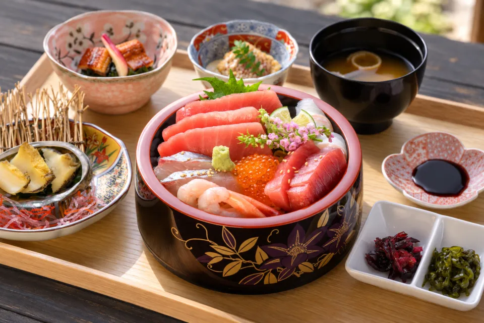 淡路ごちそう館 御食国の海鮮丼と小鉢を並べた食卓