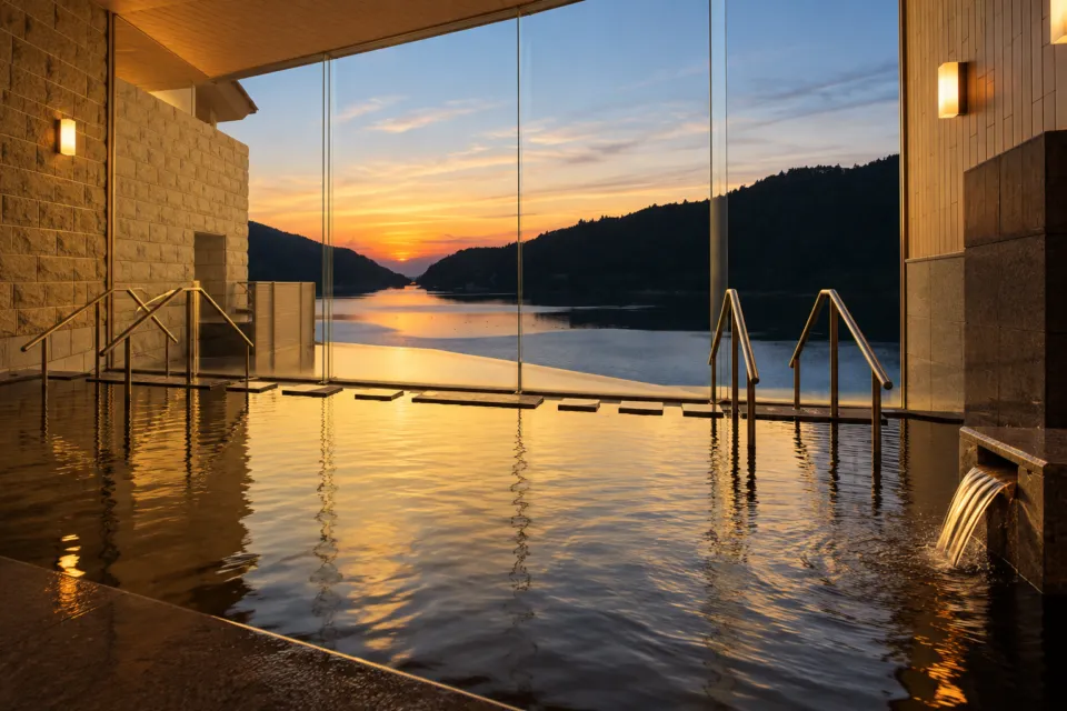 東園の夕暮れの湖を望む大浴場