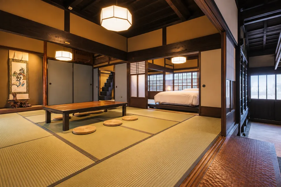 ブランシエラ ヴィラ 明日香の茜の間の畳の居間と土間