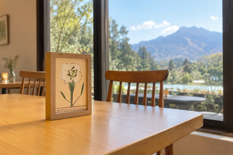 CAFE LA RUCHEのテーブルに飾られた花の額装作品