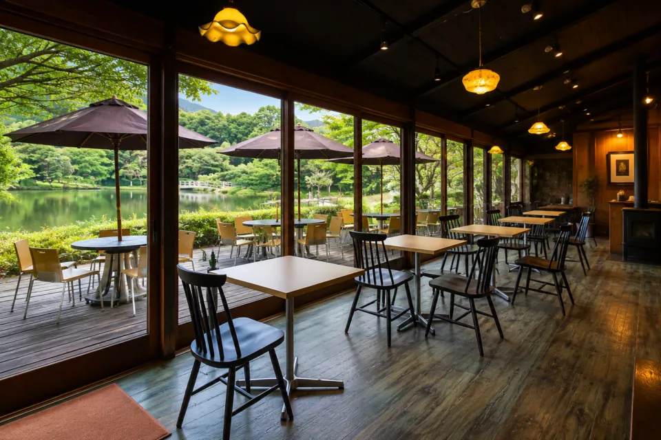 CAFE LA RUCHEの金鱗湖を望む店内