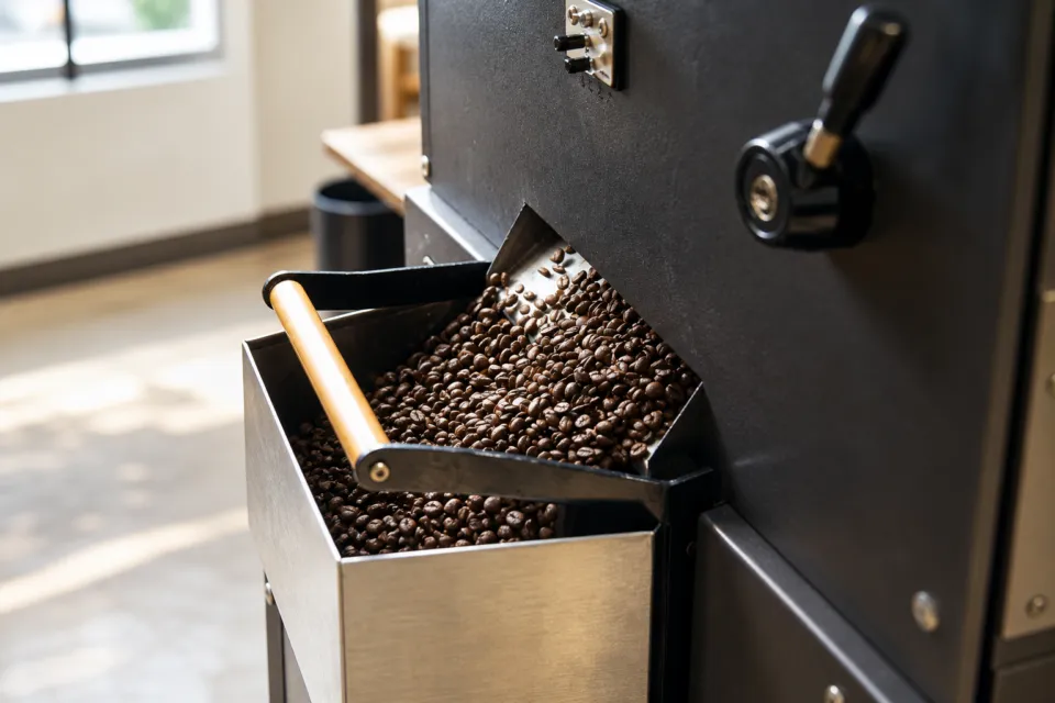 CAFE LA RUCHEの焙煎機から取り出されたコーヒー豆