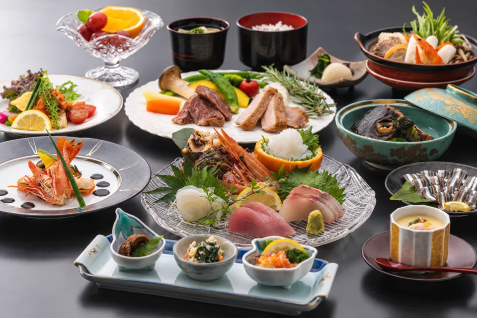 カンパーナホテルの刺身や肉料理、小鉢を並べた会席料理