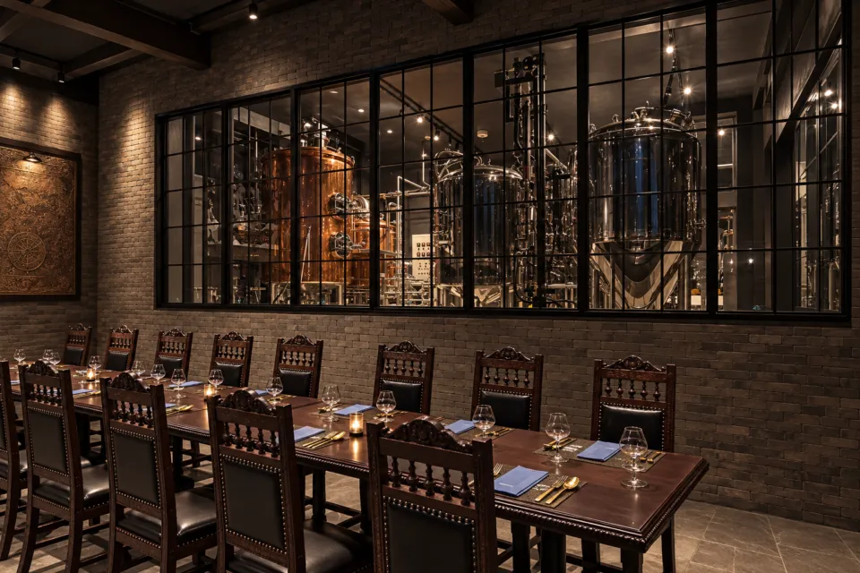 CARVAAN Brewery & Restaurantの醸造設備を望む客席