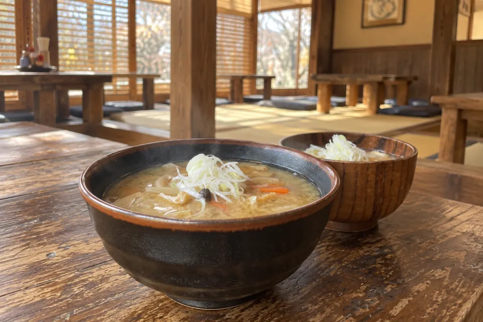 茶屋 卯三郎のけんちんうどんと木の店内