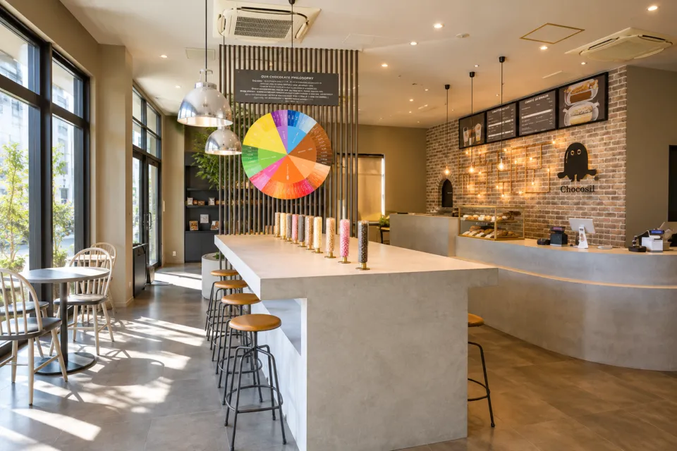 Chocosilのカラフルなカカオ展示と注文カウンターがある店内