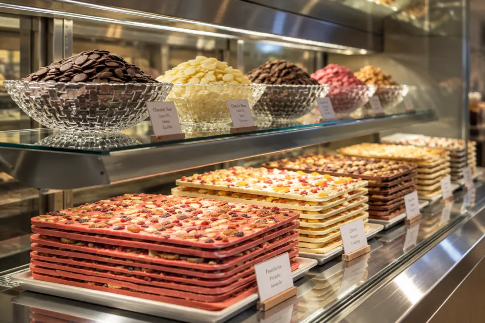 Chocosilの色とりどりの割りチョコレートが並ぶショーケース