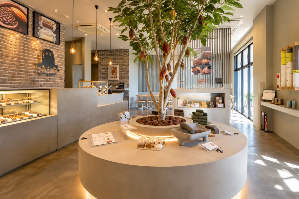 Chocosilのカカオの木を囲む円形台とカウンターが見える店内
