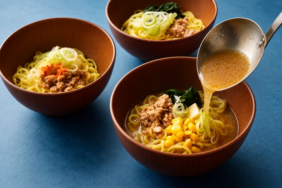 クロスホテル札幌の三つの器に盛られた北海道風ラーメン