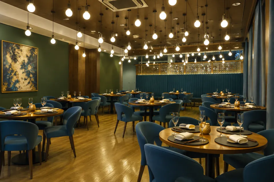 CROSS WONDER DININGの照明がともるターコイズブルーのダイニング