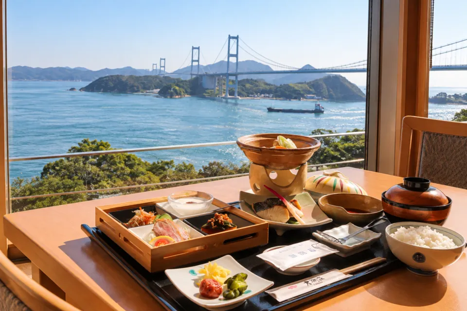 大潮荘の海を望む朝食の食卓
